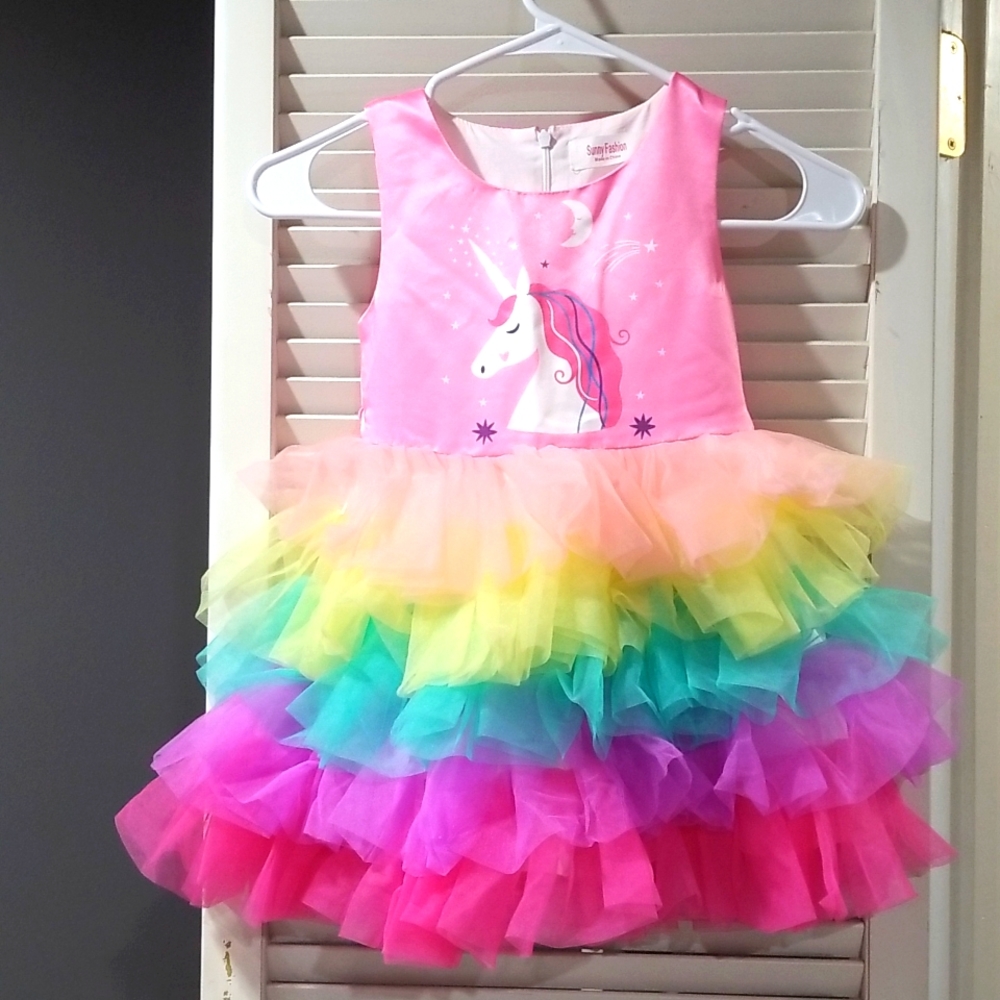 Unicorn rainbow girls dress with ruffles size 5